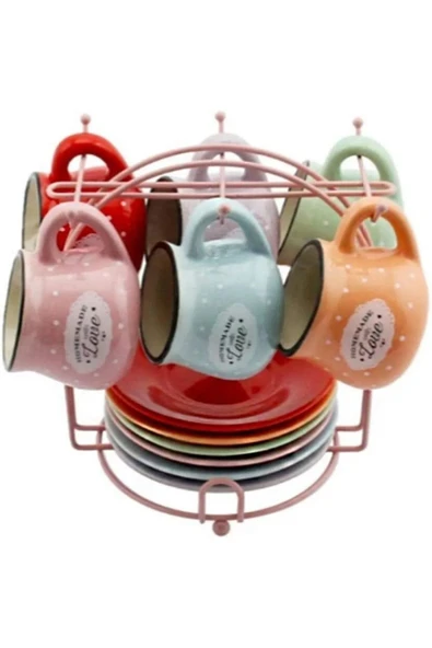 81007 6'lı Standlı Kahve Seti 13 Parça 6 Fincan 6 Tabak 1 Askılı Stand Love Yazılı - 2