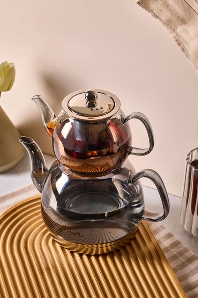 Carlo Füme Indüksiyon Tabanlı Borosilikat Cam Çaydanlık Takımı 500 ml Demlik 1500 ml Suluk - Resim 2