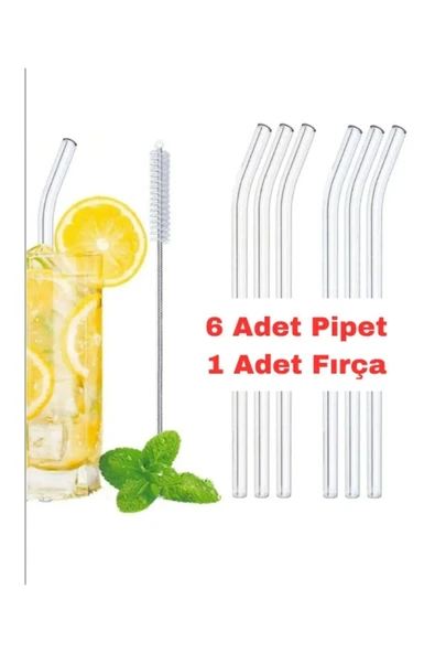 Straw 6'lı Şeffaf Cam Eğimli Isıya Dayanıklı (Borosilikat) Pipet Ve 1 Adet Pipet Temizleme Fırçası ürün görseli