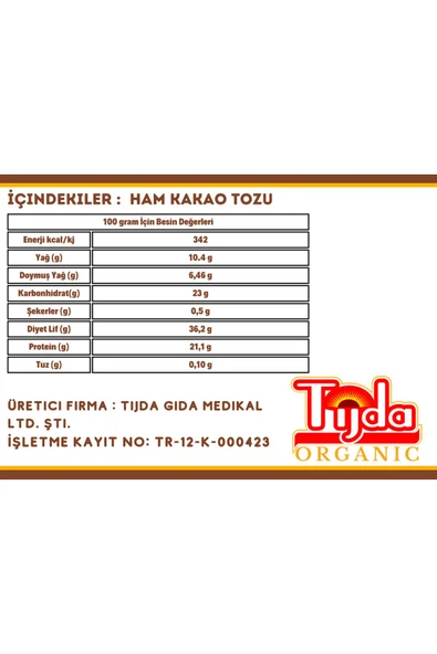 TİJDA Organik Ham Kakao Toz Glutensiz,vegan 250 Gr - 2