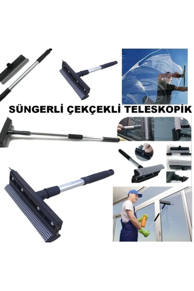 Lüx Cift Tarafli Teleskopik Cam Silme Paspası Ve Cekpasi Uzayıp Kısalan Sap Çekçekli Cam Silme ürün görseli