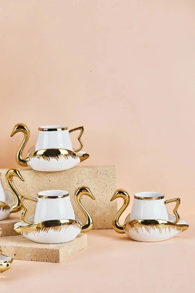 Swan Kuğu 6 Kişilik Porselen Kahve Fincan Takımı 80 ml Beyaz - Resim 3