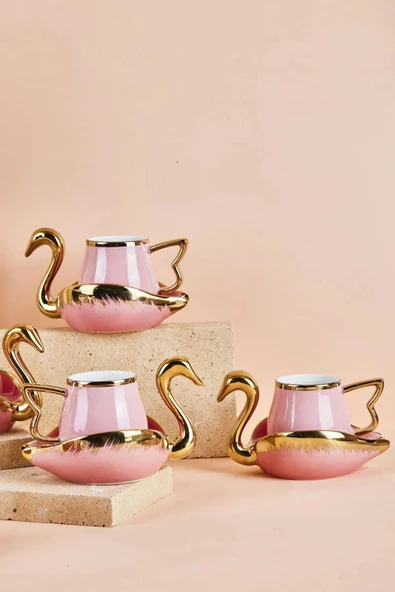 Swan Kuğu 6 Kişilik Porselen Kahve Fincan Takımı 80 ml Pembe - Resim 3