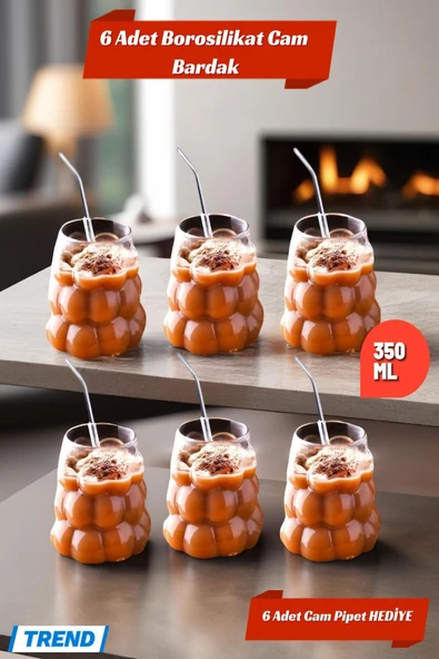 6 Adet Üzüm Model Borosilikat Kokteyl Soğuk Sıcak Kahve Meşrubat Bardağı 6 Cam Pipet Hediye 350 ML ürün görseli