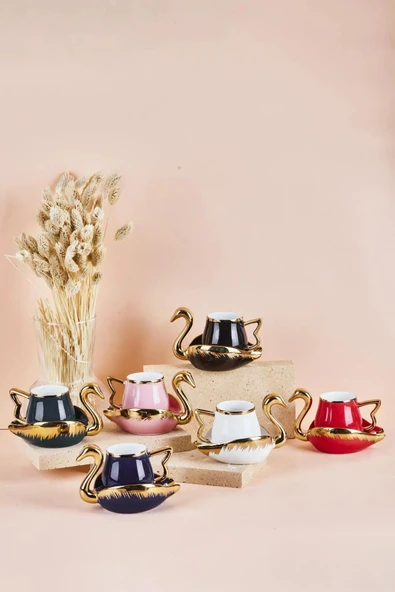 Swan Kuğu 6 Kişilik Porselen Kahve Fincan Takımı 80 ml 6 Renk Karışık ürün görseli