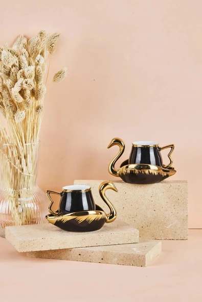 Swan Kuğu 2 Kişilik Porselen Kahve Fincan Takımı 80 ml Siyah ürün görseli