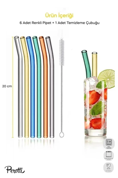 Straw 6'lı Renkli Cam Eğimli Isıya Dayanıklı (Borosilikat) Pipet Ve 1 Adet Pipet Temizleme Fırçası - Resim 2
