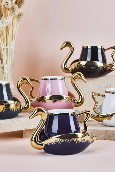 Swan Kuğu 6 Kişilik Porselen Kahve Fincan Takımı 80 ml 6 Renk Karışık - Resim 2