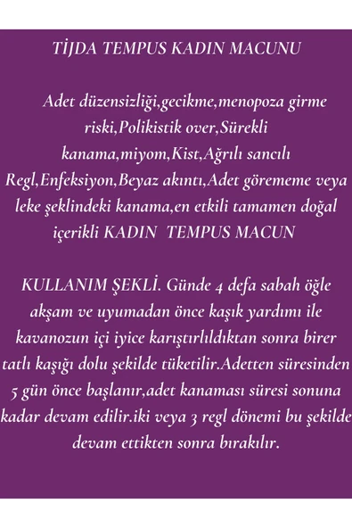TİJDA Tijda Tempus Macun Kadın Döngüsünü Destekleyici, Regl Düzenleyici,menopozu Önleme 350 Gr. - Resim 2