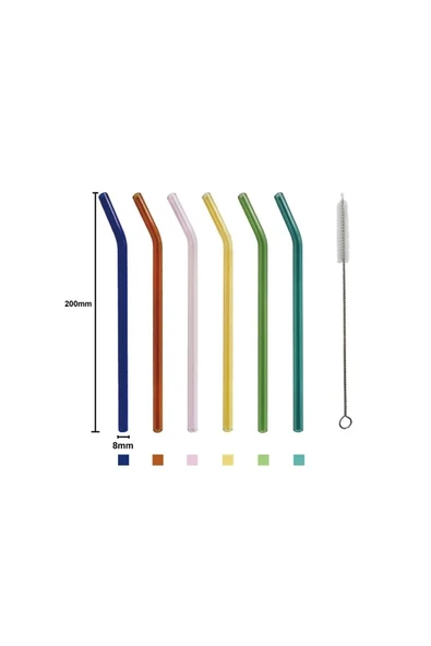 Straw 6'lı Renkli Cam Eğimli Isıya Dayanıklı (Borosilikat) Pipet Ve 1 Adet Pipet Temizleme Fırçası - Resim 4