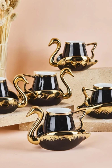 Swan Kuğu 6 Kişilik Porselen Kahve Fincan Takımı 80 ml Siyah - Resim 2