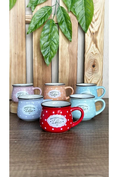 6 Renk Emaye Görünümlü Homemade Love Porselen Tombul Çay Kahve Fincanı ürün görseli