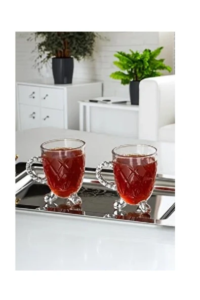 15720 Ayaklı Kulplu Boncuk Desenli 4'lü Cam Bardak - Kulplu Çay Kahve Bardağı - 200 Cc - Resim 2