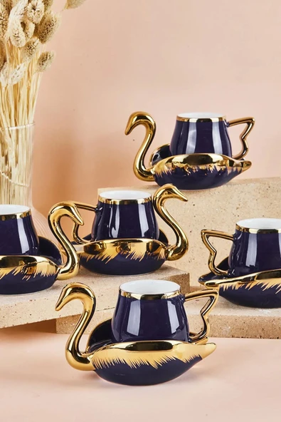 Swan Kuğu 6 Kişilik Porselen Kahve Fincan Takımı 80 ml Lacivert - 2