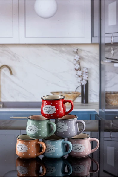 6 Renk Emaye Görünümlü Homemade Love Porselen Tombul Çay Fincanı ürün görseli