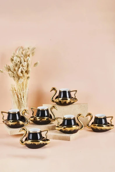 Swan Kuğu 6 Kişilik Porselen Kahve Fincan Takımı 80 ml Siyah ürün görseli