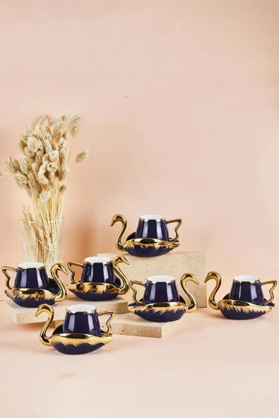 Swan Kuğu 6 Kişilik Porselen Kahve Fincan Takımı 80 ml Lacivert