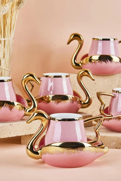 Swan Kuğu 6 Kişilik Porselen Kahve Fincan Takımı 80 ml Pembe - Resim 2