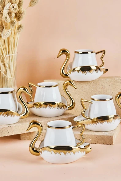Swan Kuğu 6 Kişilik Porselen Kahve Fincan Takımı 80 ml Beyaz - Resim 2