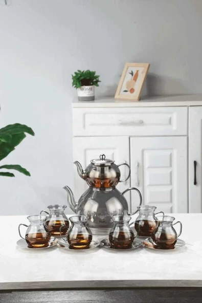 Perotti Keyf-i Ala Füme Premium 20 Parça Indüksiyon Tabanlı Borosilikat Çay Seti - Resim 3