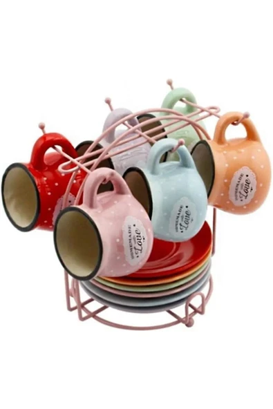 81007 6'lı Standlı Kahve Seti 13 Parça 6 Fincan 6 Tabak 1 Askılı Stand Love Yazılı