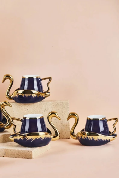 Swan Kuğu 6 Kişilik Porselen Kahve Fincan Takımı 80 ml Lacivert - 3