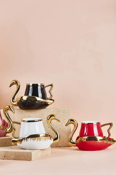 Swan Kuğu 6 Kişilik Porselen Kahve Fincan Takımı 80 ml 6 Renk Karışık - Resim 3
