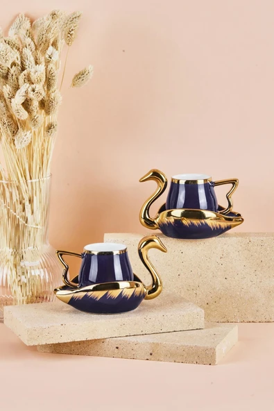 Swan Kuğu 2 Kişilik Porselen Kahve Fincan Takımı 80 ml Lacivert ürün görseli