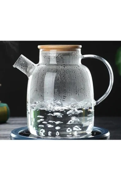 Borosilikat Cam Bambu Kapaklı Bitki Çayı Demliği & Sürahi 1500 ml - Resim 3