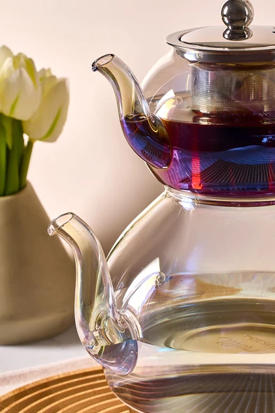 Keyf-i Ala Luster Indüksiyon Tabanlı Borosilikat Cam Çaydanlık Takımı 500 ml Demlik 1800 ml Suluk - Resim 3