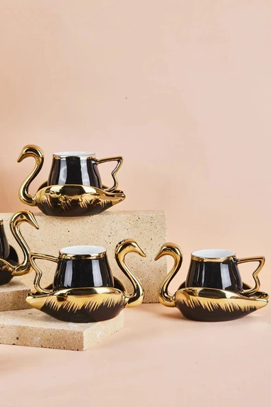 Swan Kuğu 6 Kişilik Porselen Kahve Fincan Takımı 80 ml Siyah - Resim 3