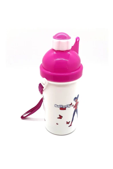 Düğmeli Otomatik Açılma Özellikli Kapaklı Suluk - Matara Kız Çocuk - Pembe Renk Baskılı ürün görseli