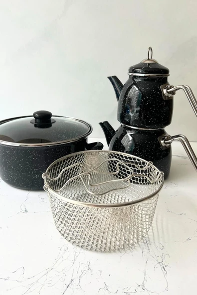 Midnight Dalmaçya - Emaye Çaydanlık Ve 18 Cm Kızartma Tenceresi Seti