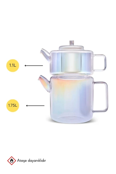 Tobby Luster Borosilikat Çaydanlık Seti 1.1 Lt Demlik 1.75lt Suluk - Resim 2