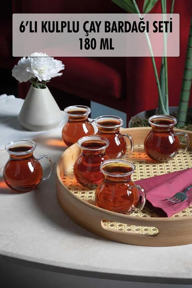 6'lı Keyfi Ala Borosilikat Cam Kulplu Çay Bardağı ürün görseli