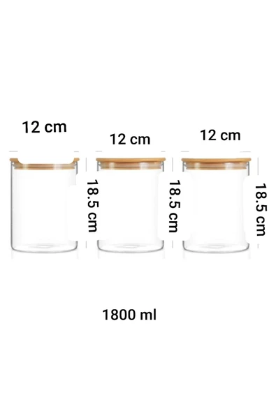 Bambu Vakumlu Kapaklı 1400 ml Yuvarlak Cam Kavanoz Erzak Saklama Kabı 3 Lü ürün görseli