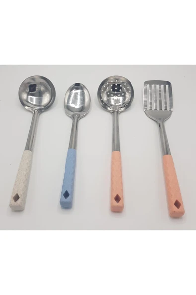4'lü Çelik Kepçe Seti Kepçe Kevgir Kaşık Spatula 35cm Renkli Saplı - Resim 3
