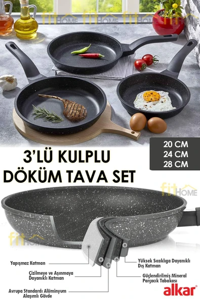 3'lü Alkar Saplı Döküm Tava Seti Yanmaz Yapışmaz Thermo Granit Tava Seti 20-24-28 Cm