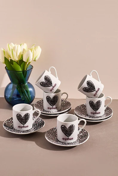 6'lı Porselen Kahve Fincanı Takımı-kalpli #girlboss ürün görseli