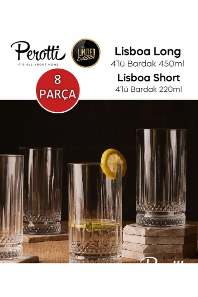Perotti Lisboa 8 Parça Bardak Seti - 4 Meşrubat - 4 Su Bardağı - Resim 3