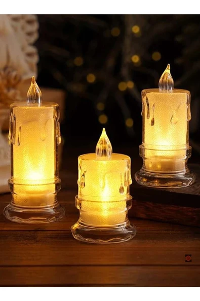 Alevli Kristal Erimiş Led Mum 3'lü Alevli Eriyen Yapay Mum Pilli Led