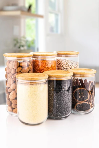 Duo - 6'lı Cam Saklama Kabı Vakumlu Bambu Kapaklı 3x 1300ml. 900ml Erzak Kabı Kavanoz ürün görseli