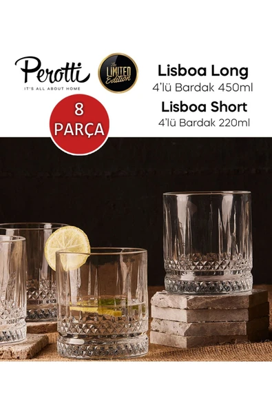 Perotti Lisboa 8 Parça Bardak Seti - 4 Meşrubat - 4 Su Bardağı - Resim 2