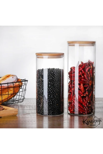 3 Lü Set 1400 ml Bambu Kapaklı Kavanoz Baharatlık Vakumlu Borcam Model - Krdln - Resim 5