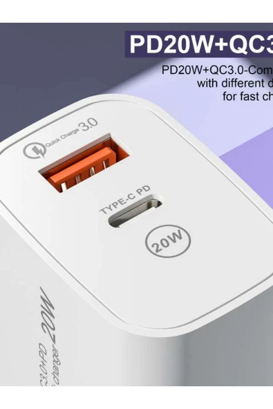 ŞARJ BAŞLIK 20W PD BAŞLIK 2İN1 TYPCE VE USB ÇİFT GİRİŞLİ APPLE SAMSUNG XIAOMI  TECNO REEDER UYUMLU - 2