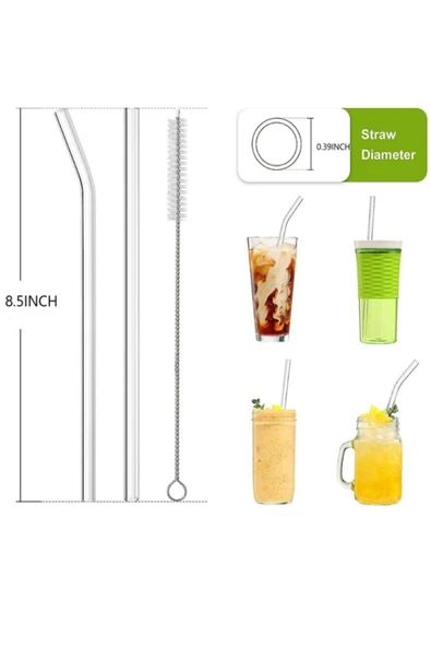 14pcs/set Reusable Glass Straws Clear Smooth Glass Drinking Straw 6 Straight and 6 Bent with 2 Cl... - Resim 3