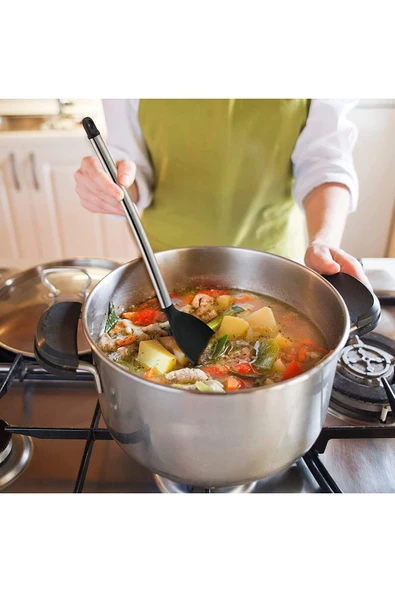 Silikon Kaşık Paslanmaz Saplı Servis Kaşığı Siyah 34 cm - Resim 3