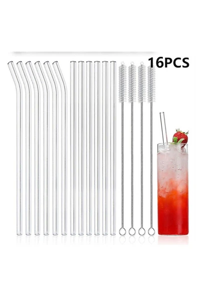 14pcs/set Reusable Glass Straws Clear Smooth Glass Drinking Straw 6 Straight and 6 Bent with 2 Cl... - Resim 8