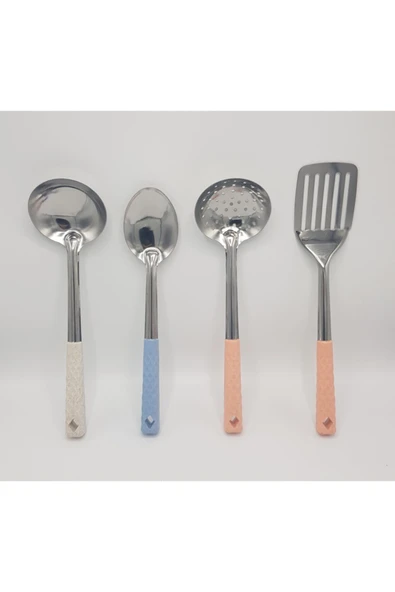 4'lü Çelik Kepçe Seti Kepçe Kevgir Kaşık Spatula 35cm Renkli Saplı - Resim 2