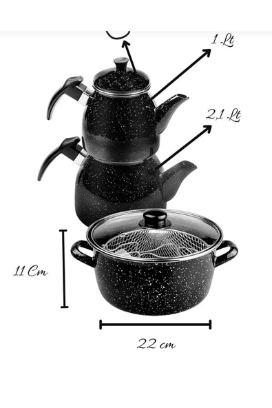 Emaye Çaydanlık ve 22 cm Kızartma Tenceresi Seti Midnight Dalmaçya  Taş ev - Resim 2